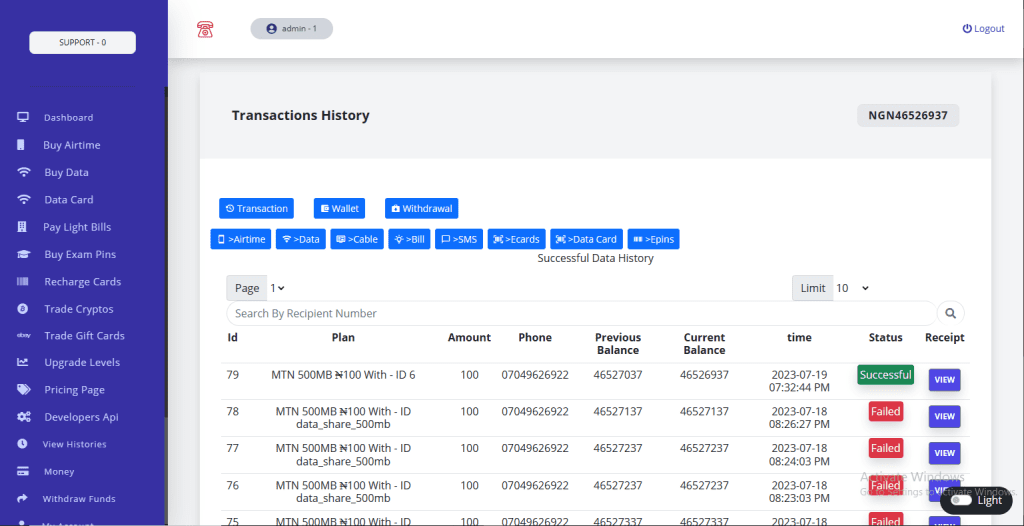 Transaction History Page